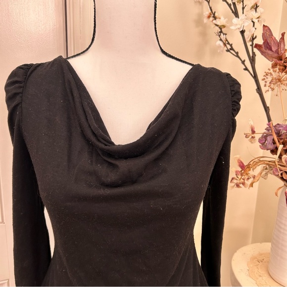 2 cowl drape neck, peplum flared waist, zipper coral black long sleeve tops - Picture 2 of 15